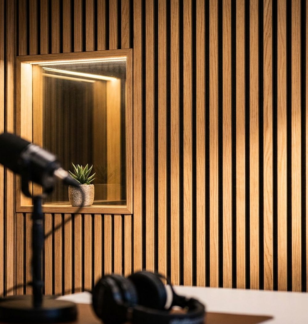 Cabine vitrée et finitions bois du studio n'pod